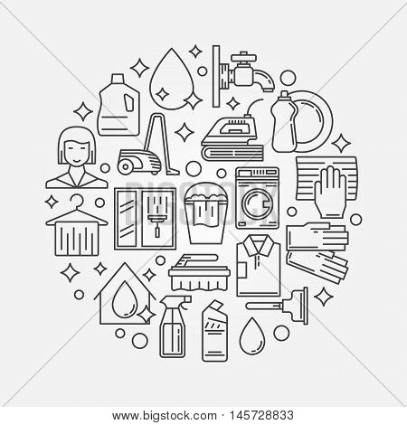 Vector cleaning service illustration. Circular thin line cleaning concept symbol made with housekeeping tools icons