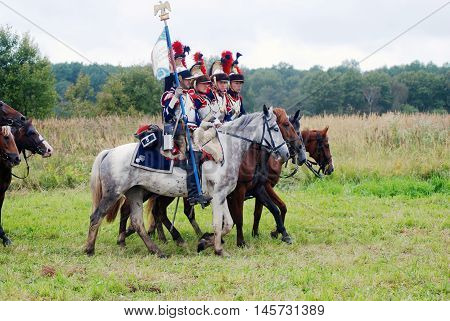 BORODINO MOSCOW REGION - SEPTEMBER 04 2016: Reenactors dressed as Napoleonic war soldiers at Borodino battle historical reenactment in Russia. Color photo.