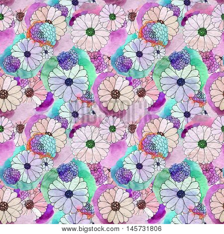 Seamless floral pattern with asters and daisy flowers. Floral watercolor background.