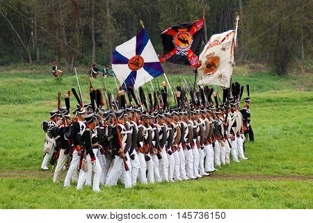 BORODINO MOSCOW REGION - SEPTEMBER 04 2016: Reenactors dressed as Napoleonic war soldiers at Borodino battle historical reenactment in Russia. Color photo.