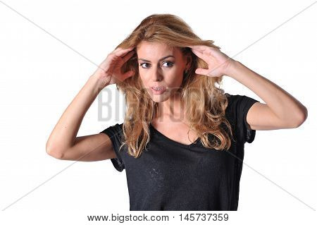 beautiful young blonde women wear black shirt and skirt