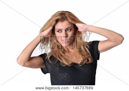 beautiful young blonde women wear black shirt and skirt