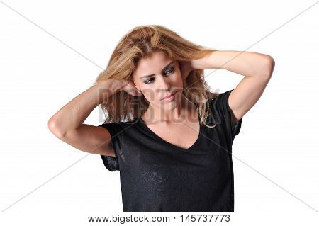 beautiful young blonde women wear black shirt and skirt