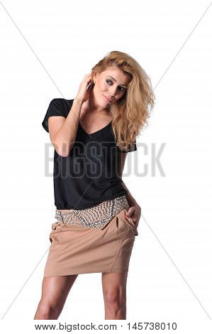 beautiful young blonde women wear black shirt and skirt