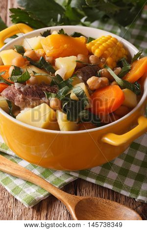 South American Cuisine: Thick Soup Pouchero Close-up In A Pot. Vertical