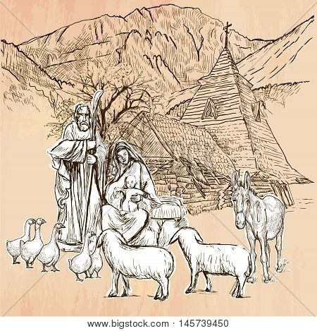 Holy family. Baby jesus - Birth of JESUS. Freehand sketching line drawing. An hand drawn vector illustration. Colored background is isolated. Line art technique. Vector is easy editable.