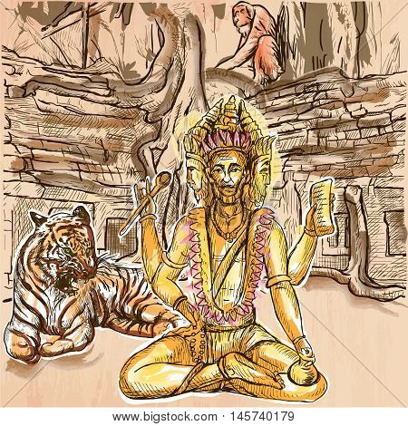 Creator God. BRAHMA. Freehand sketching line drawing. An hand drawn vector illustration. Colored background is isolated. Line art technique. Colored. Vector is easy editable.