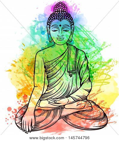 Buddha Gautama With Multicolor Rainbow Aura.vector Illustration. Vintage Decorative Line Art Zentang