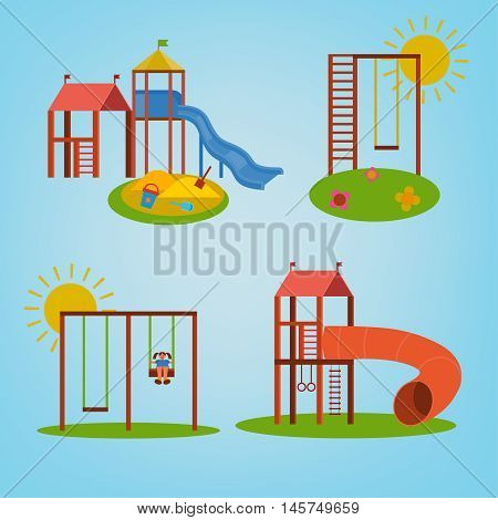 Beautiful children playground set. Vector illustrations in bright blue, green, yellow and orange colours in cartoonish style.