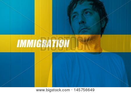 Swedish immigration concept with man looking for salvation in Sweden
