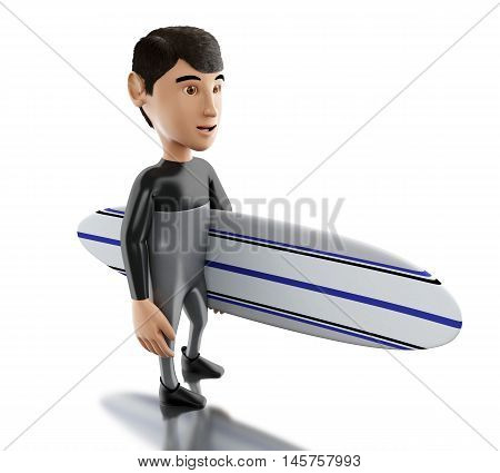 3d renderer image. Person with surfboard and wearing equipment. Sport concept. Isolated white background.