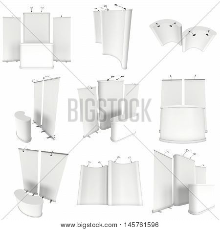 Trade show booth set. Roll-Up Pop-Up with Reception Desk. 3d render isolated on white background. 3d render isolated on white background. Floor Stands Collection. Ad template for your expo design.