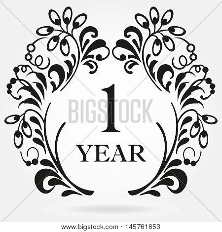 1 year anniversary icon in ornate frame with floral elements. Template for celebration and congratulation design. 1th anniversary label. Vector illustration.