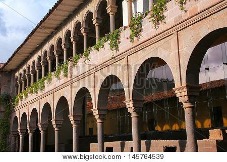 Courtyard of Convent of Santo Domingo in Koricancha complex Cusco Peru. Koricancha was the most important temple in the Inca Empire dedicated to the Sun God
