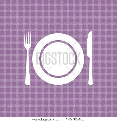 Plate knife and fork on lilac picnic checkered tablecloth