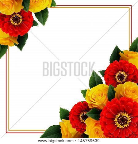 Yellow roses and red zinnia flowers arrangement and a frame isolated on white
