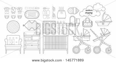 Retail and wholesale kids store. Cribs, baby stroller, childrens clothing, toys and other baby stuff for a newborn. Vector kids store set in lineal style.