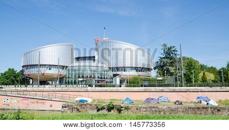 STRASBOURG, FRANCE. 30th August 2016. A camp outside the European Court of Human Rights, Strasbourg. Britain is currently discussing its relationship with the European Union and the Convention on Human Rights.