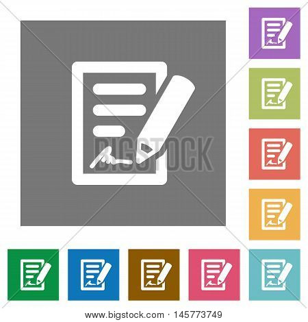 Signing contract flat icon set on color square background.