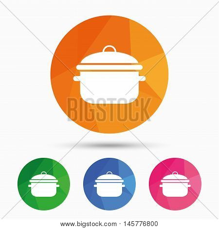 Cooking pan sign icon. Boil or stew food symbol. Triangular low poly button with flat icon. Vector