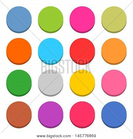 16 blank icon in flat style. Circle 3D button on white background. Blue red yellow gray green pink orange brown violet colors. Vector illustration web internet design element in 8 eps