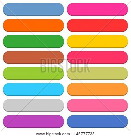 16 blank icon rounded rectangle 3D button on white background in flat style. Blue red yellow green pink orange brown violet colors. Vector illustration web design element in 8 eps