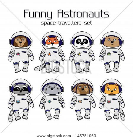 Set of cute animal astronauts, cartoon style vector illustration isolated in white background. Cartoon animal cosmonauts, cat, dog, raccoon, fox, bear, panda, monkey, rabbit in space suites
