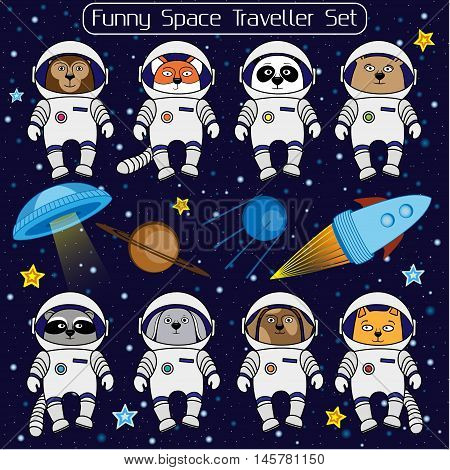 Set of cute animal astronauts, rocket, satellite, UFO, stars in cosmos, cartoon style vector illustration. Cartoon animal cosmonauts, cat dog raccoon fox bear panda monkey rabbit in space suite