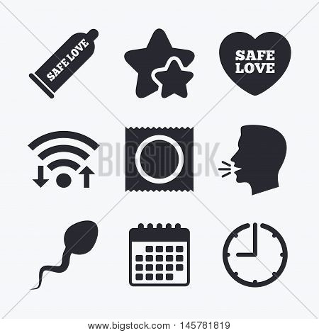 Safe sex love icons. Condom and package symbol. Sperm sign. Fertilization or insemination. Wifi internet, favorite stars, calendar and clock. Talking head. Vector