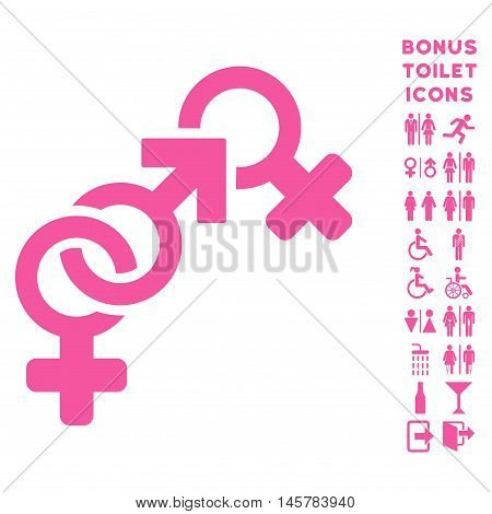 Faith Breach icon and bonus male and female toilet symbols. Vector illustration style is flat iconic symbols, pink color, white background.