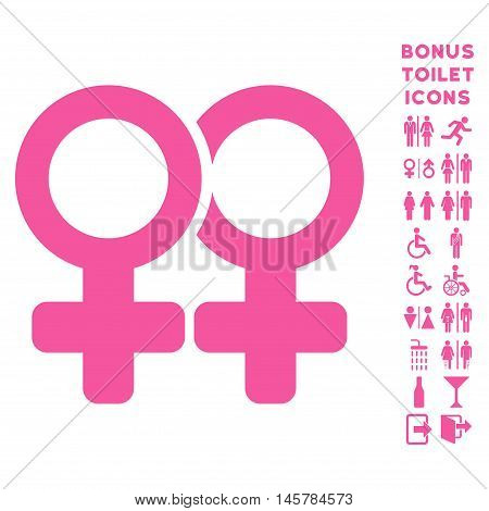 Lesbi Pair icon and bonus male and female WC symbols. Vector illustration style is flat iconic symbols, pink color, white background.