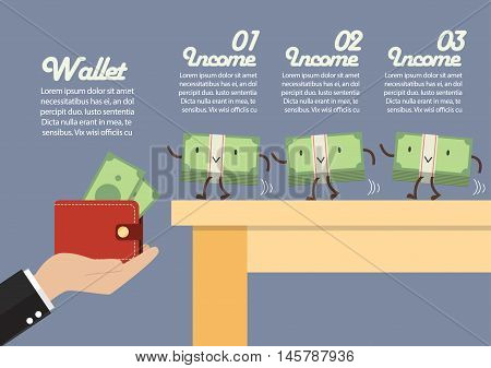 Money walking into a wallet infographic. Business concept