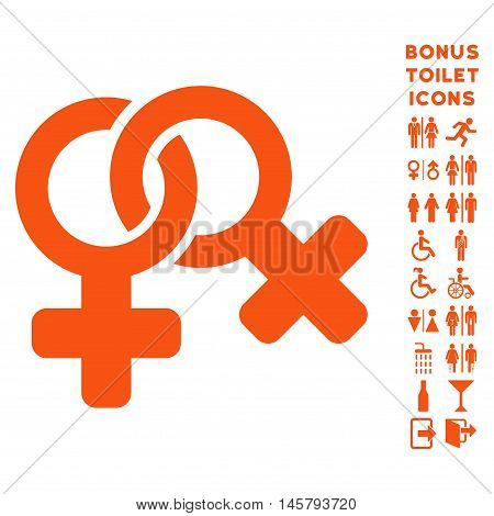 Lesbi Symbol icon and bonus gentleman and female restroom symbols. Vector illustration style is flat iconic symbols, orange color, white background.