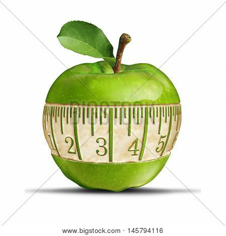Fitness green apple symbol as a measuring tape shape carved out of the healthy fruit as a fitness and nutrition concept for health food dieting and losing weight or staying slim with 3D illustration elements.
