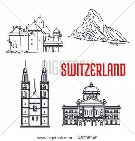 Historic sightseeings and buildings of Switzerland. Vector icons of Federal Palace, Matterhorn, Chillon Castle, Grossmunster. Swiss showplaces symbols for souvenirs, postcards, t-shirts