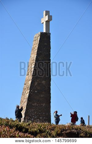 SINTRA, PORTUGAL - AUG 20: Monument declaring Cabo da Roca as the westernmost extent of continental Europe, as seen at Roca Cape near, Sintra, Portugal, on Aug 20, 2016.