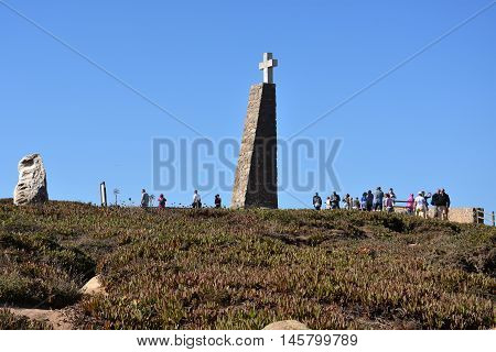 SINTRA, PORTUGAL - AUG 20: Monument declaring Cabo da Roca as the westernmost extent of continental Europe, as seen at Roca Cape near, Sintra, Portugal, on Aug 20, 2016.