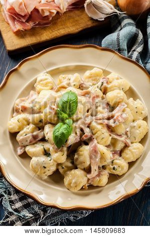 Potato Gnocchi, Italian Potato Dumplings With Cheese Sauce, Ham