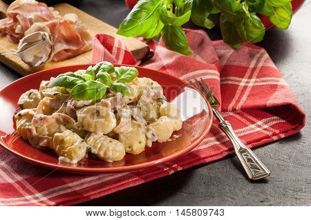 Potato Gnocchi, Italian Potato Dumplings With Cheese Sauce, Ham