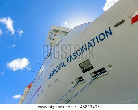 San Juan, Puerto Rico - May 09, 2016: The Carnival Cruise Ship Fascination, at dock. She is one of 8 sister ships and received a million dollar refurbishment in 2006
