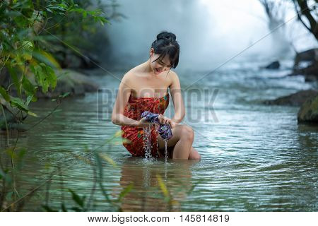 Girl washing in streams, sexy ,laos girl