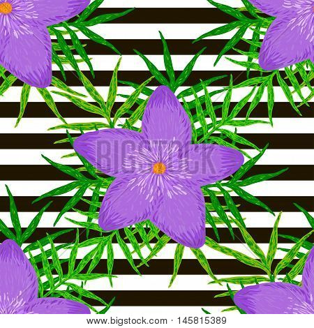 Vector seamless pattern from green leaves and purple flowers on the white background with black strips