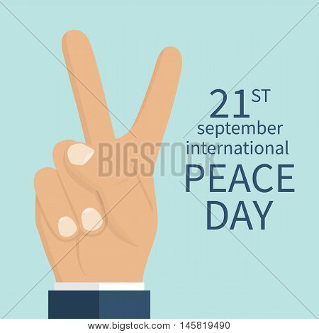 Peace Day concept. September 21 International Day of Peace. Gesture of the hands two fingers symbol. Vector illustration flat design. Isolated hand on white background.