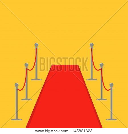 Red carpet and rope barrier golden stanchions turnstile Isolated template Yellow background. Flat design Vector illustration