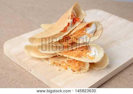 Thai Pancake It Is Delicious Snacks On Wood Background , Kind Of Thai Sweetmeat Or Kanom Buang - Tha