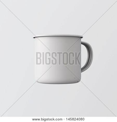 One Blank White Color Metal Hot Tea Mug Isolated Empty Background. Clean Enamel Cup Mockup Ready Corporate Design Message.Vintage Style.Horizontal Studio Shooting Side View. 3d rendering