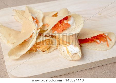 Thai Pancake It Is Delicious Snacks On Wood Background , Kind Of Thai Sweetmeat Or Kanom Buang - Tha