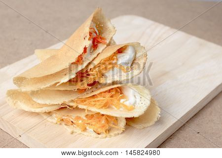 Thai Pancake It Is Delicious Snacks On Wood Background , Kind Of Thai Sweetmeat Or Kanom Buang - Tha