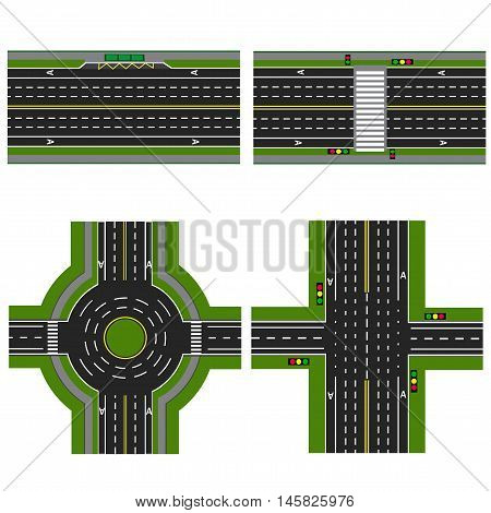 Set of different sections of the highway with a circle roundabouta isolated. Image sidewalks, transition lanes for public transport. View from above. Vector illustration