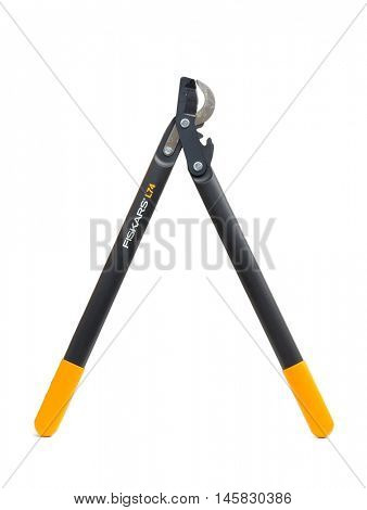 BUDAPEST, HUNGARY - MAY 7, 2016: Fiskars Pruning Shears on white background. Fiskars is a Finnish company known for high quality tools.